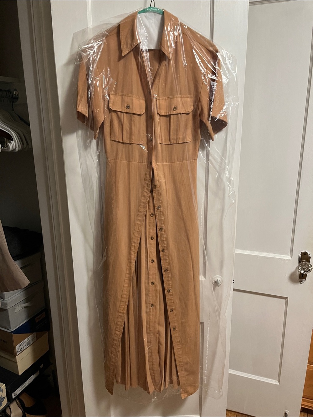 A.L.C. Tan Short-Sleeve Button-Front Midi Shirt Dress